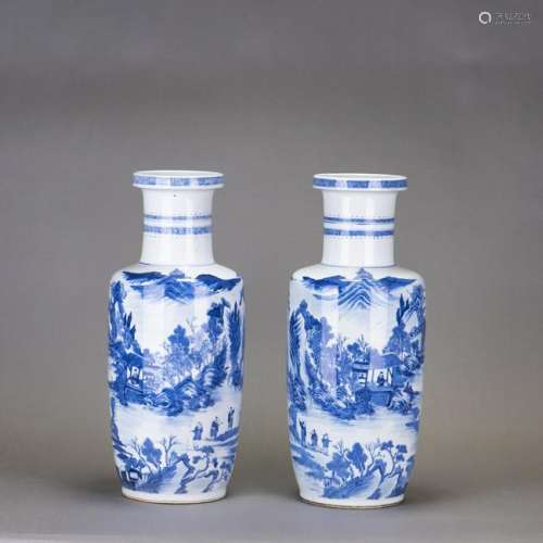 A PAIR OF BLUE AND WHITE 'LANDSCAPE' ROULEAU VASE, 19TH