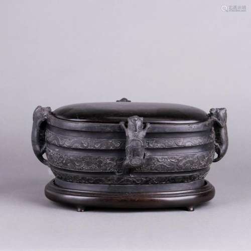 A DUAN INKSTONE WITH FITTED LID & STAND, QING DYNASTY