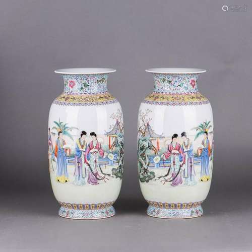 A PAIR OF FAMILLE ROSE 'FIGURAL' VASES