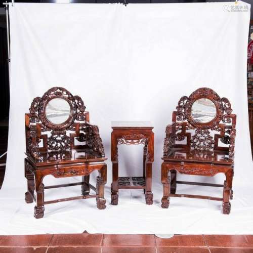 CHINESE MARBLE INLAID SUANZHI HARDWOOD CHAIRS AND TABLE