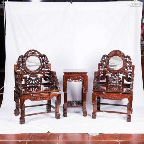 CHINESE MARBLE INLAID SUANZHI HARDWOOD CHAIRS AND TABLE