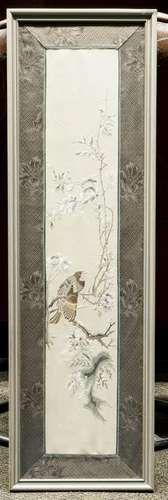 A CHINESE EMBROIDERY OF BIRD AND FLOWER, FRAMED