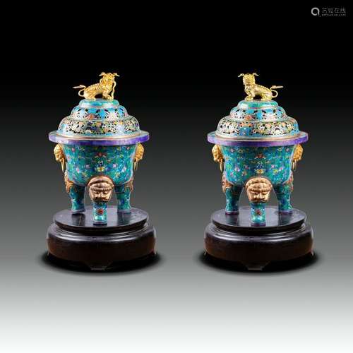 LARGE CLOISONNE ENAMEL TRIPOD CENSER & COVER, PAIR