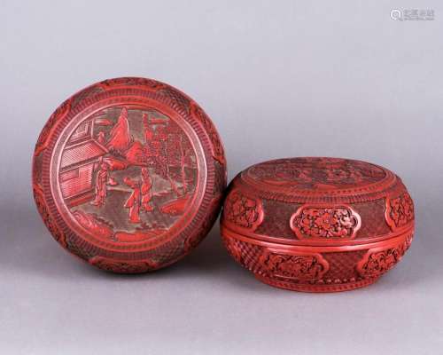 LARGE CARVED CINNABAR LACQUER BOXES & COVERS, PAIR
