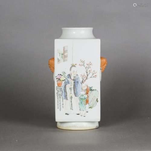 A FAMILLE ROSE SQUARE-SECTION VASE, CONG