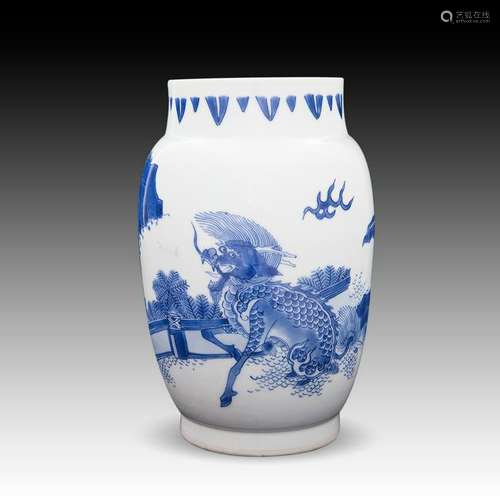 A RARE BLUE & WHITE QILIN SLEEVE VASE, CHONGZHEN PERIOD