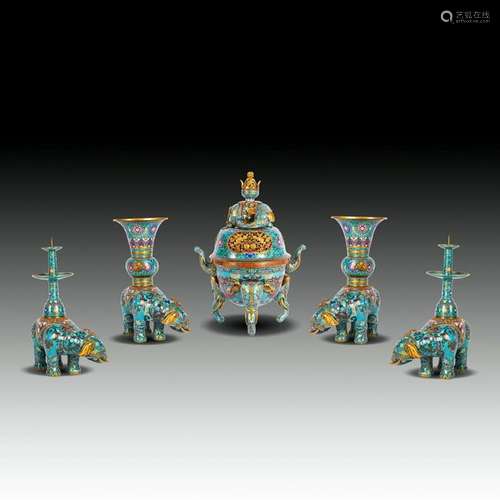 A CHINESE ELEPHANT-FORM CLOISONNE-ENAMEL FIVE PIECE