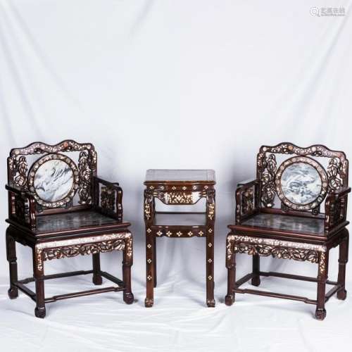 CHINESE MARBLE AND MOTHER-OF-PEARL INLAID HONGMU CHAIRS