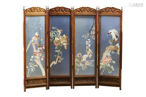 AN EMBROIDERED ROSEWOOD FOUR-PANEL SCREEN