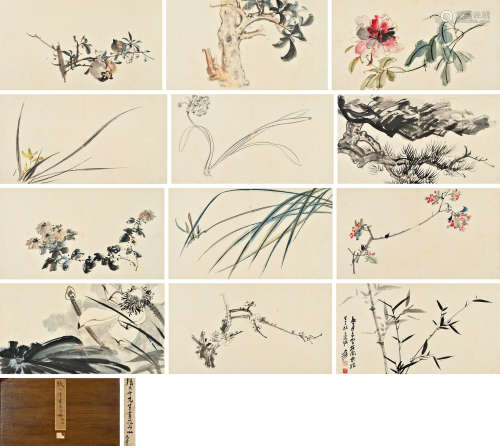 张大千（1899～1983） 1949年作 花卉集锦 册页 （十二开） 设色纸本