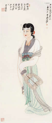 张大千（1899～1983） 1949年作 唐人仕女图 镜框 设色纸本