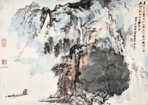 张大千（1899～1983） 1982年作 碧溪垂钓图 镜框 设色纸本