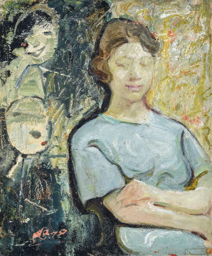 黄锐 1979年作 黑板前的女孩 布面油画