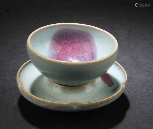 Chinese Junyao Crackleware Flambe Cup with Saucer