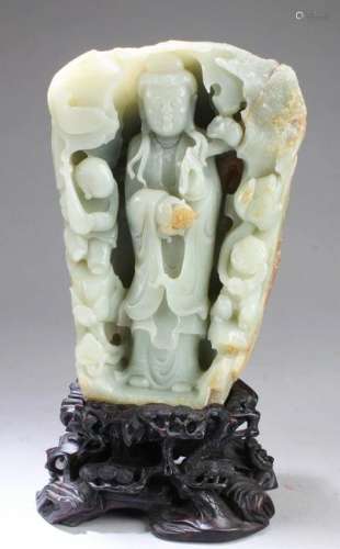 Chinese Carved Jade Guanyin Statue with Wooden Stand