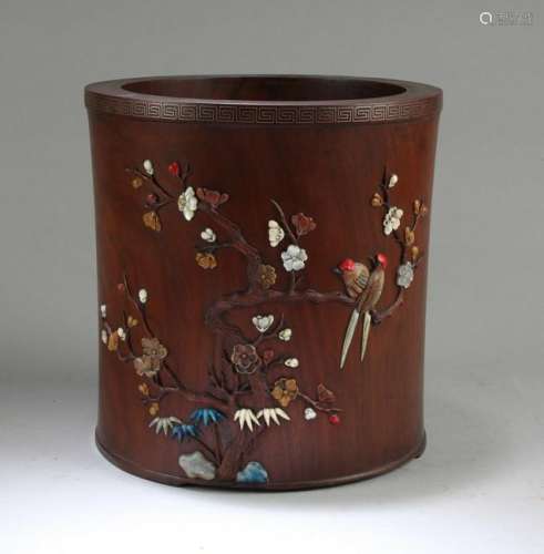 Chinese Hardwood Brushpot with Mother-of-Pearl Inlay