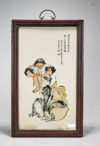 Chinese Hardwood Framed Enameled Porcelain Plaque