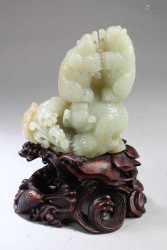 Chinese Carved Jade Bear Ornament with Wooden Stand