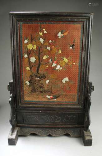 Chinese Hardwood Table Screen with Jade Inlay