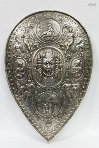 A LARGE AND IMPRESSIVE SILVERED BRONZE SHIELD