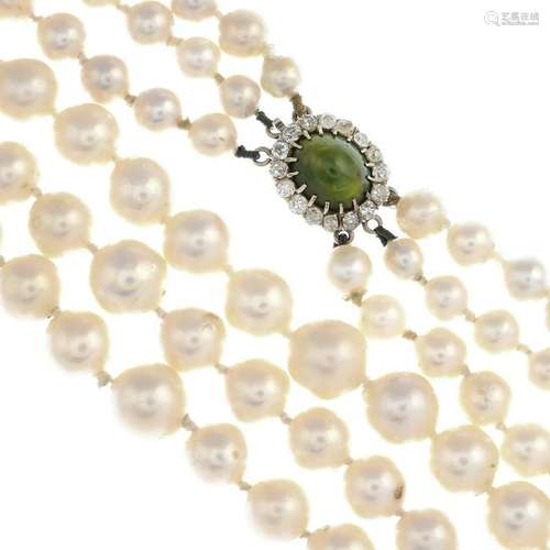 A cultured pearl three-row necklace, with oval green