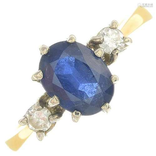 An oval-shape sapphire and brilliant-cut diamond