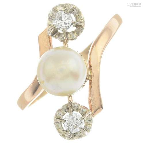 A cultured pearl and diamond crossover ring.Estimated