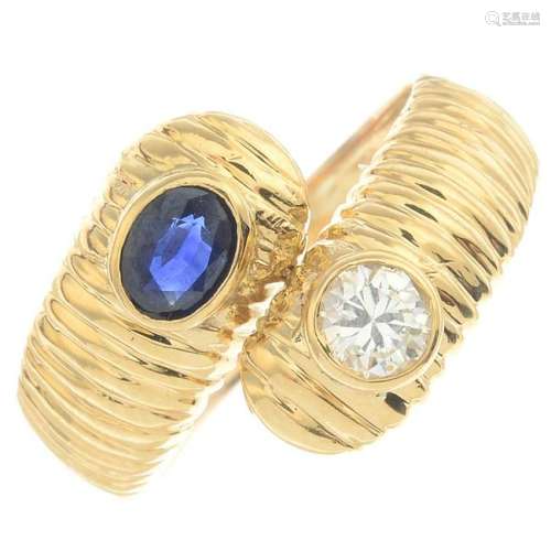 A sapphire and diamond crossover ring. Sapphire