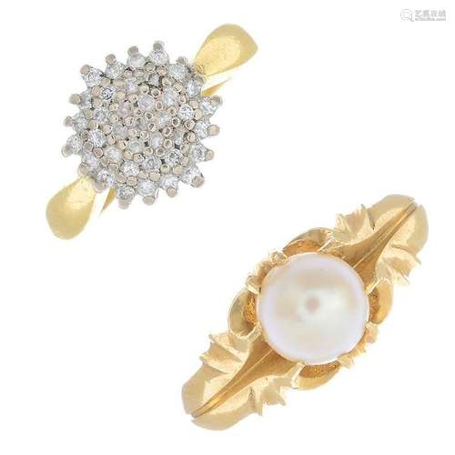 An 18ct gold diamond cluster ring and a cultured pearl