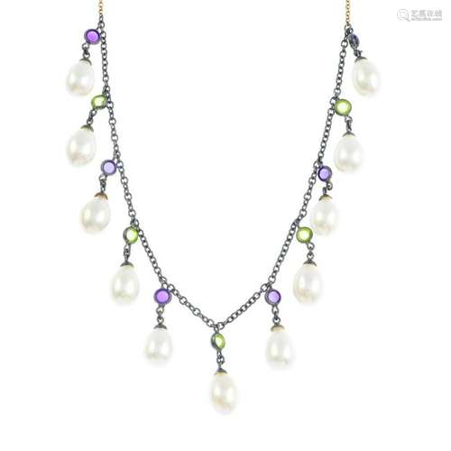 A cultured pearl, amethyst and peridot necklace. Clasp