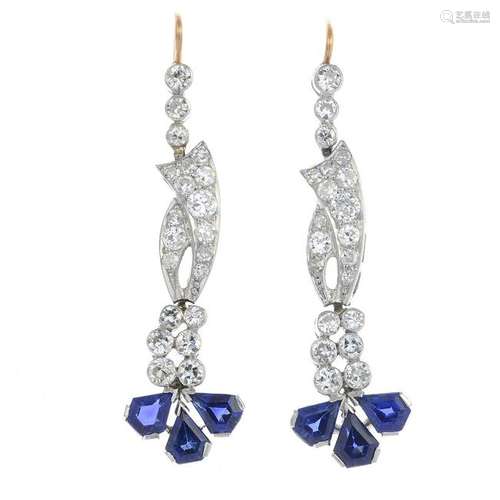 A pair of sapphire and diamond earrings.Estimated total