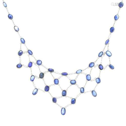 A sapphire necklace.Stamped 585. Length 40cms. 5.4gms.