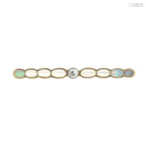 An early 20th century gold opal and diamond bar brooch.