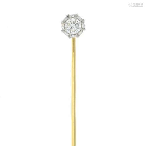 A diamond stickpin. Estimated diamond weight 0.35ct,