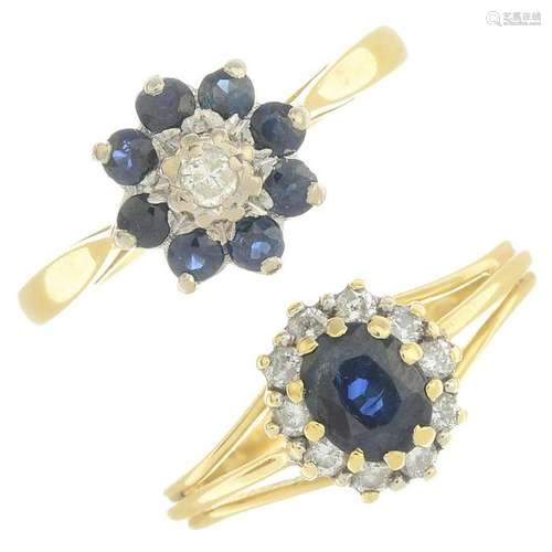 Four 18ct gold sapphire and diamond cluster rings.