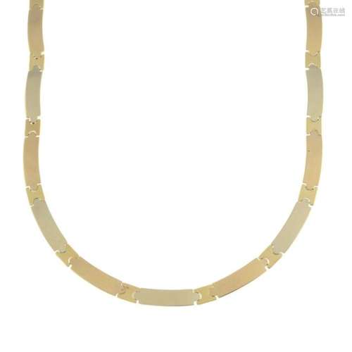 An 18ct gold tri-colour necklace. Italian marks.Length