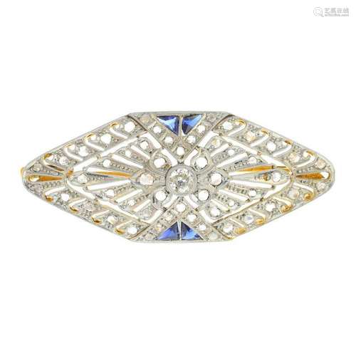 A synthetic sapphire and diamond brooch. Length 4.2cms.