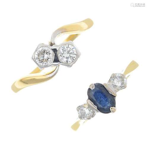 Two 18ct gold diamond and sapphire rings. Estimated