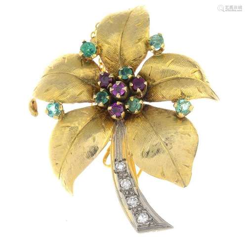 A mid 20th century 9ct gold diamond and gem-set brooch.