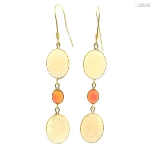 A pair of opal and fire opal earrings.Length 4.8cms.