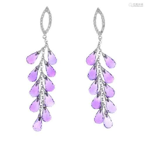 A pair of amethyst and diamond earrings.Estimated total