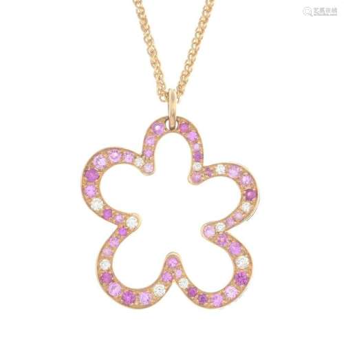 An 18ct gold pink sapphire and diamond floral pendant,
