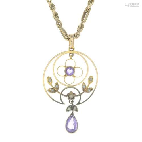 An early 20th century 9ct gold amethyst and split pearl