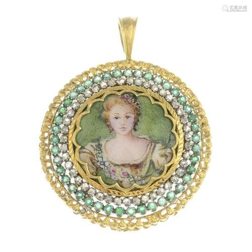 An emerald, diamond and enamel pendant. May be worn as