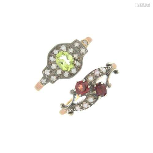Three gem-set dress rings, variously set with peridot,