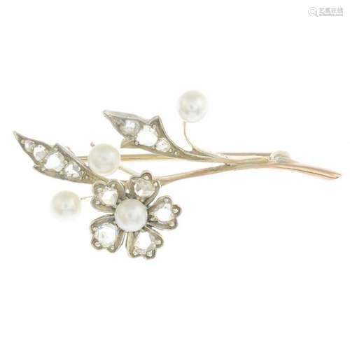 A cultured pearl and rose-cut diamond floral brooch.