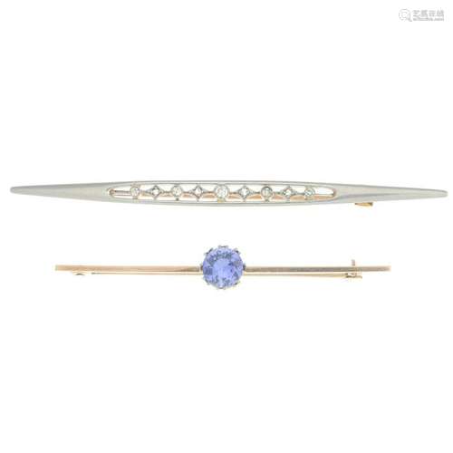 Two diamond and sapphire brooches.Sapphire calculated