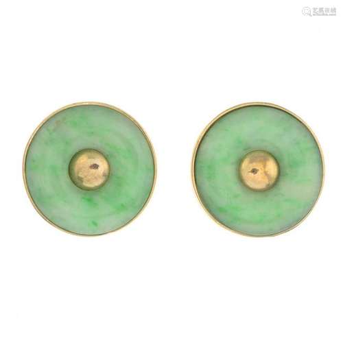 A pair of jade clip-on earrings. Stamped 375. Diameter