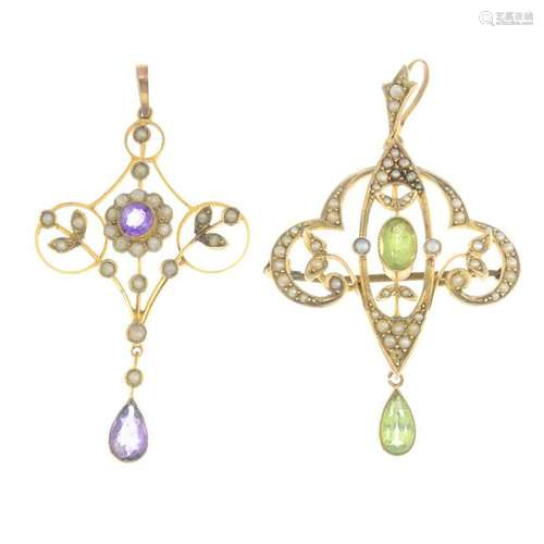 Two early 20th century gem-set pendants, variously set