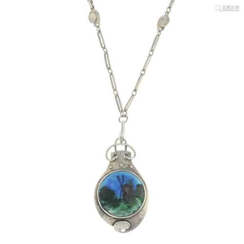 An early 20th century enamel pendant, with a fancy-link